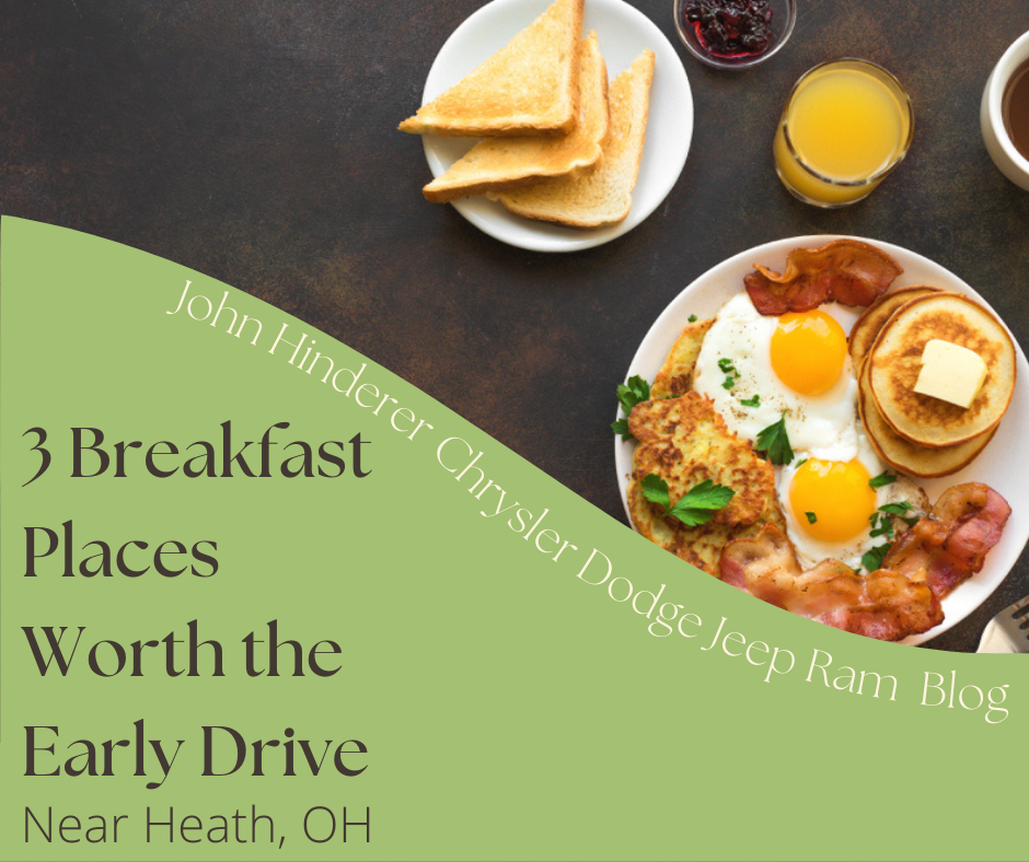 A graphic with a photo of a breakfast with the text: 3 Breakfast Places Worth the Early Drive Near Heath, OH