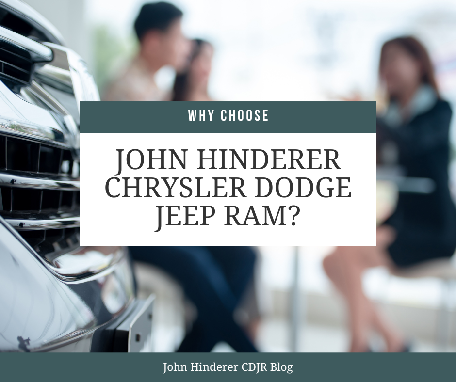 Three people sitting at a car dealership and the text: Why Choose John Hinderer Chrysler Dodge Jeep Ram?