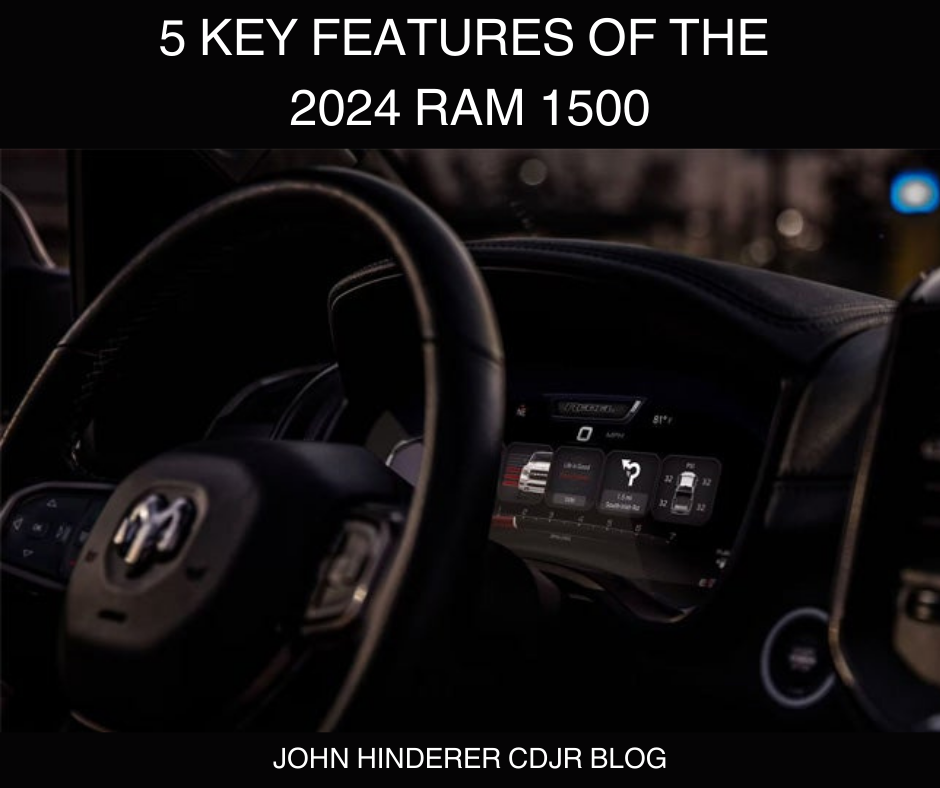 A photo of the 2024 Ram 1500s steering wheel and the text: 5 Key Features of the 2024 RAM 1500