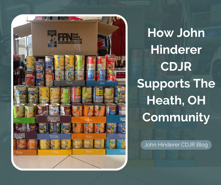 A photo of food cans collected at the dealership and the text: How John Hinderer CDJR Supports The Heath, OH Community